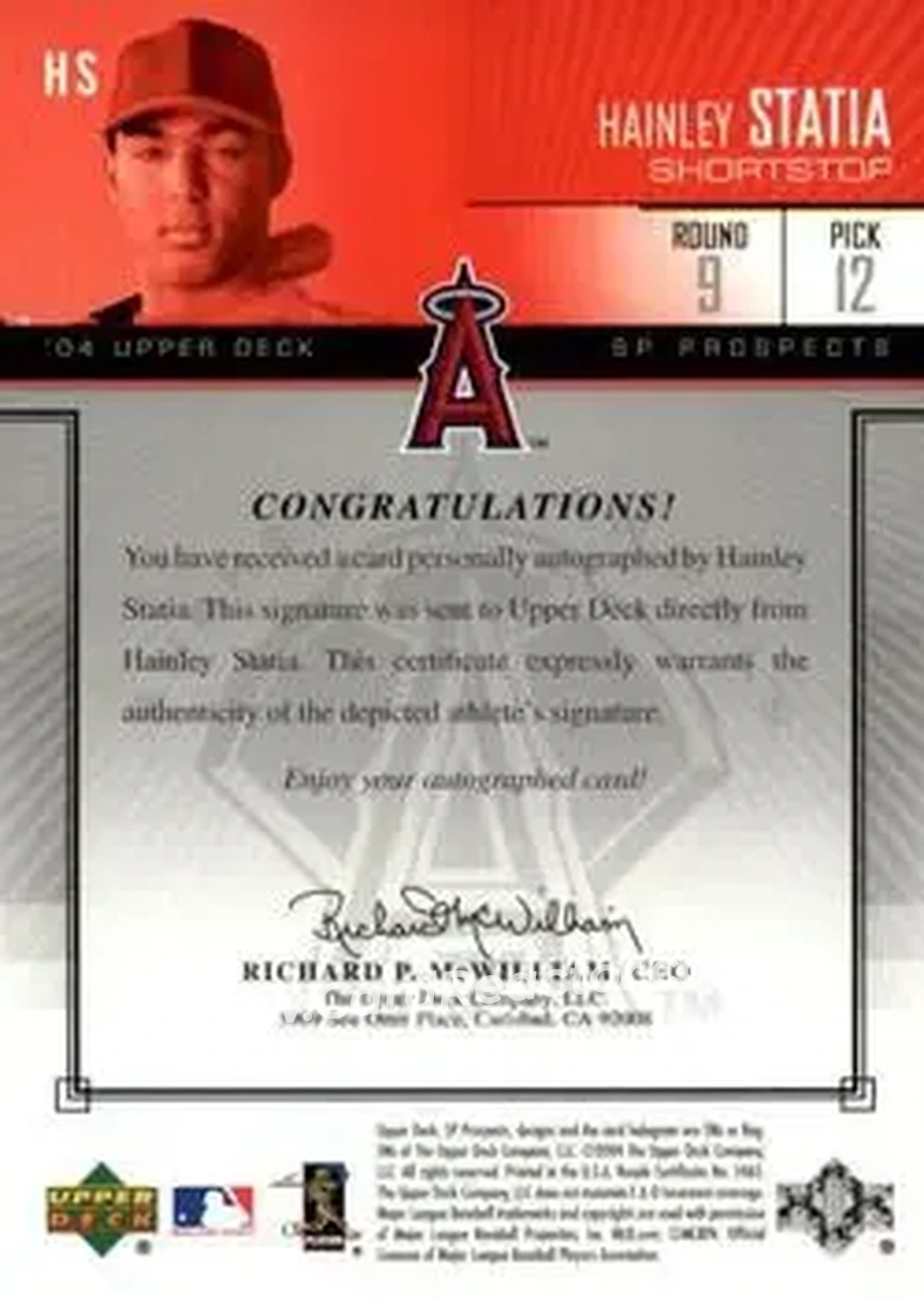 2004 SP Prospects - Autograph Bonus #HS - Hainley Statia - Anaheim Angels - Back