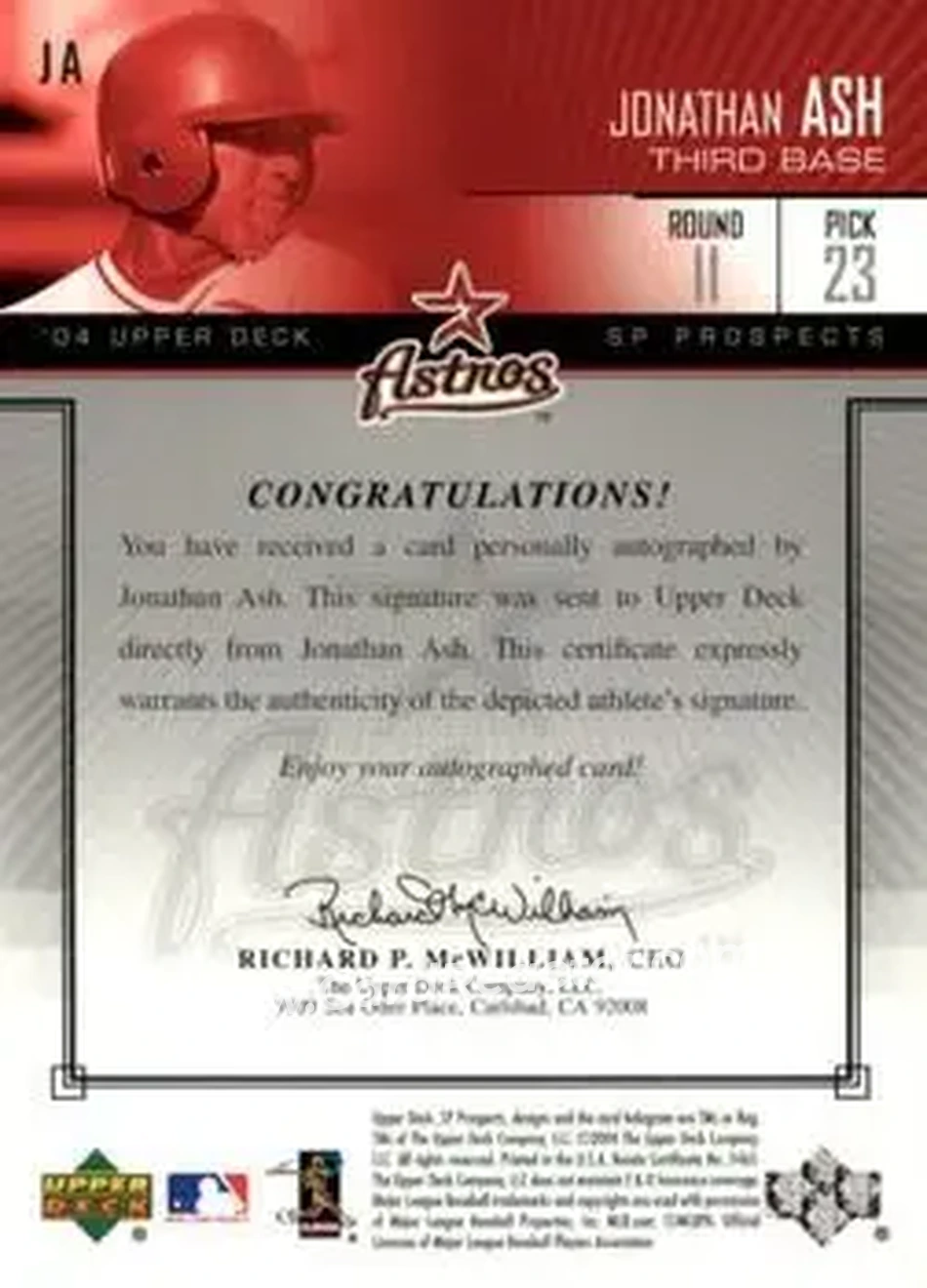 2004 SP Prospects - Autograph Bonus #JA - Jonny Ash - Houston Astros - Back