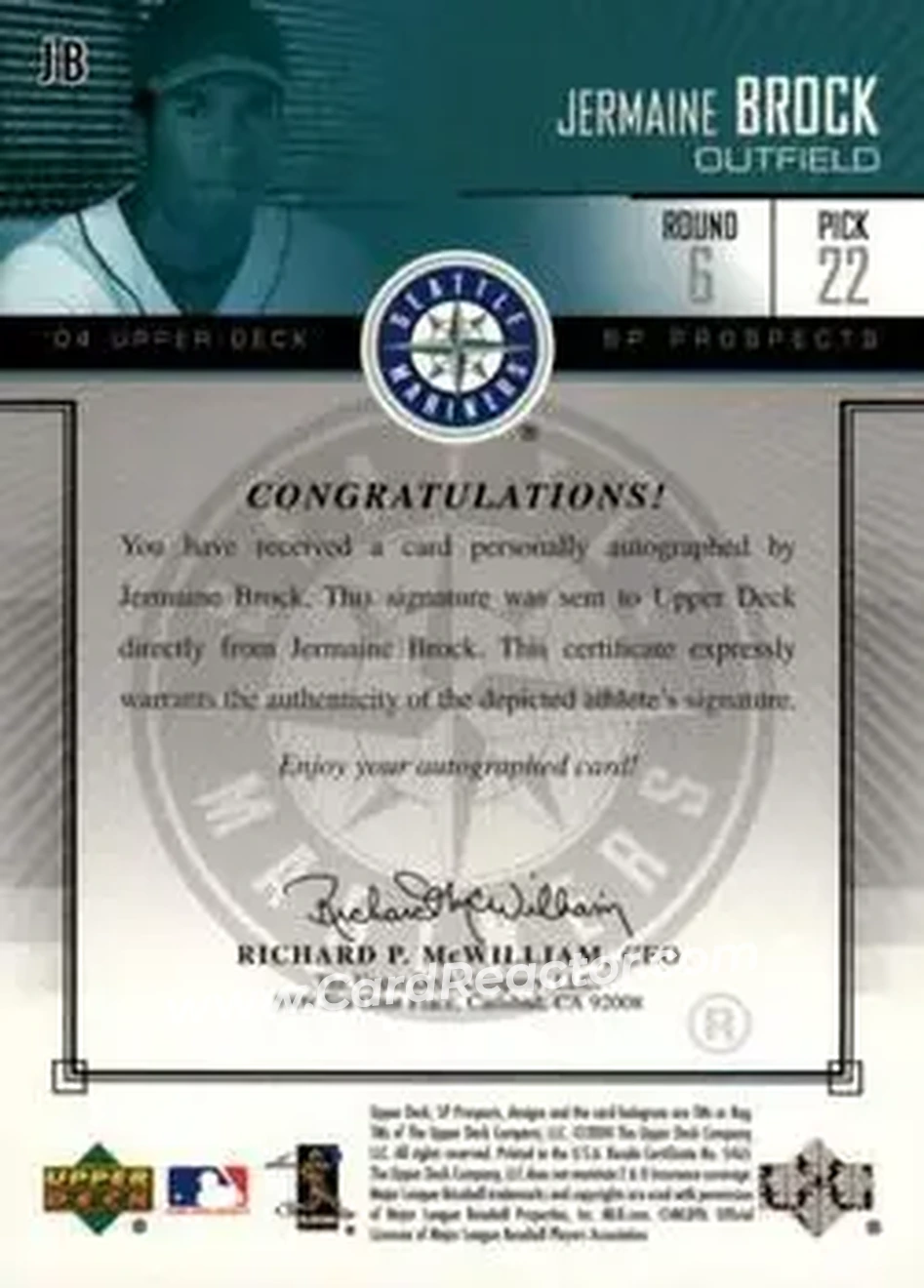 2004 SP Prospects - Autograph Bonus #JB - Jermaine Brock - Seattle Mariners - Back