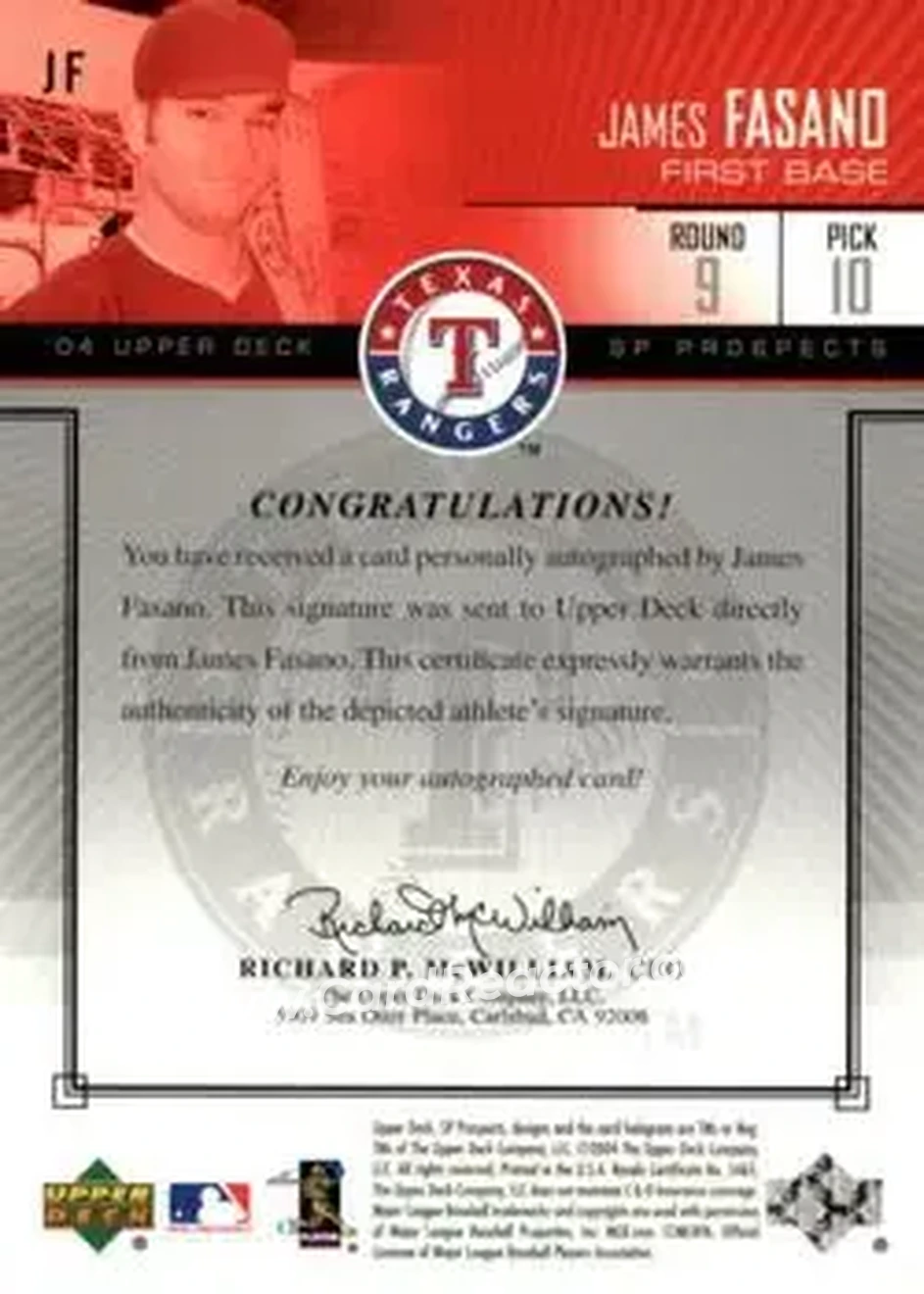 2004 SP Prospects - Autograph Bonus #JF - James Fasano - Texas Rangers - Back 2004 SP Prospects - Autograph Bonus #JF - James Fasano - Texas Rangers - Back