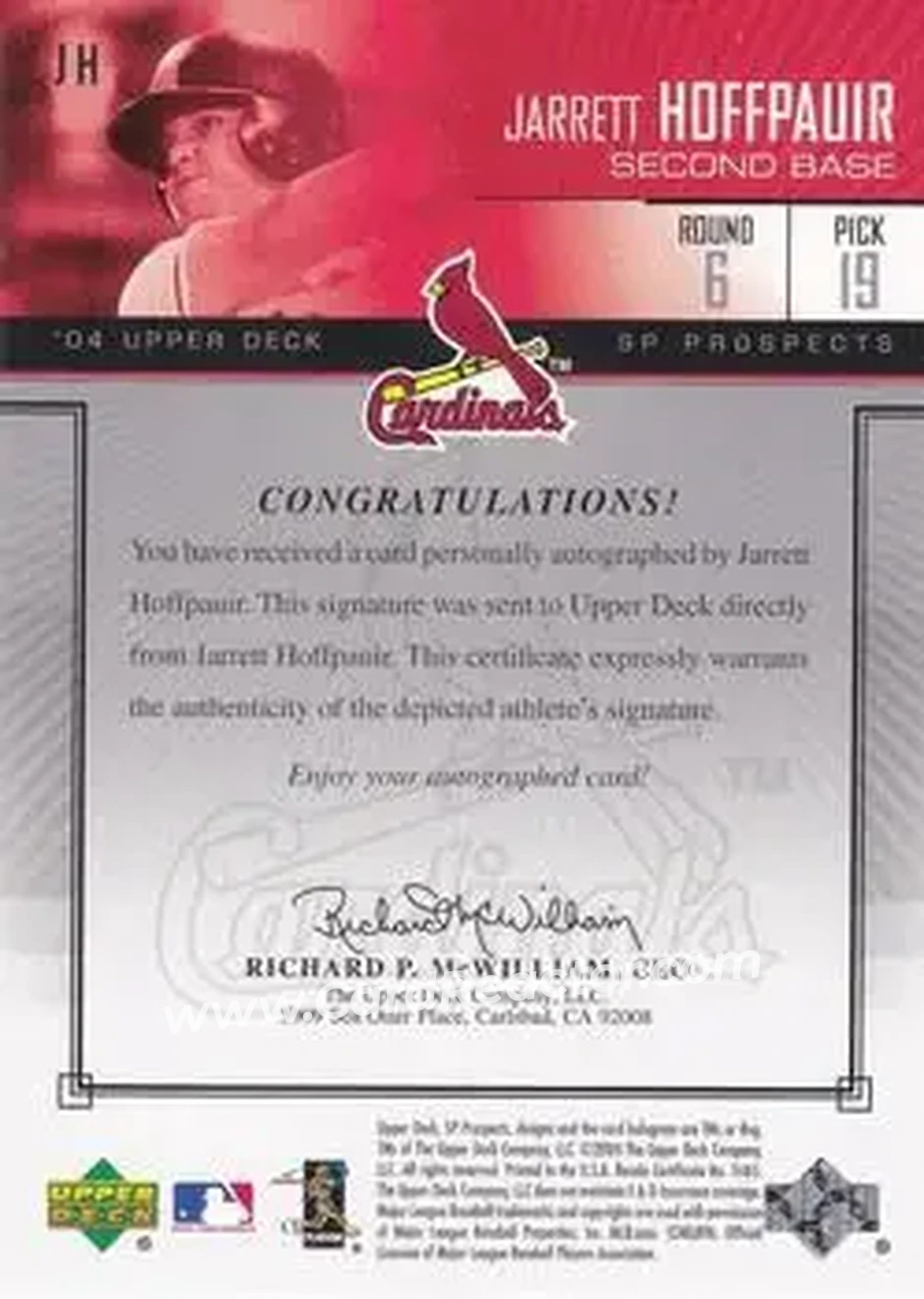 2004 SP Prospects - Autograph Bonus #JH - Jarrett Hoffpauir - St. Louis Cardinals - Back