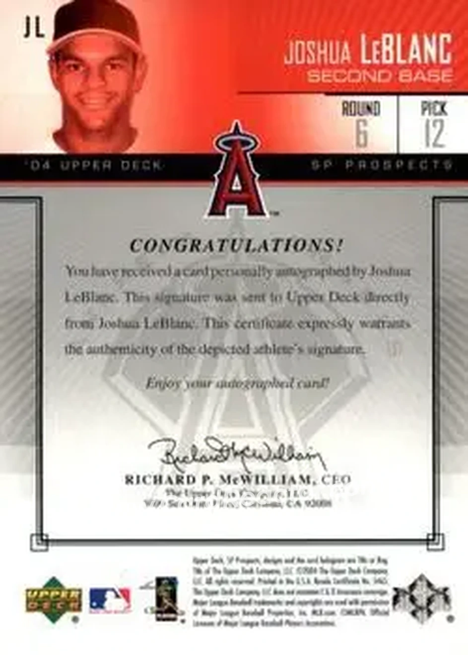 2004 SP Prospects - Autograph Bonus #JL - Joshua Leblanc - Anaheim Angels - Back