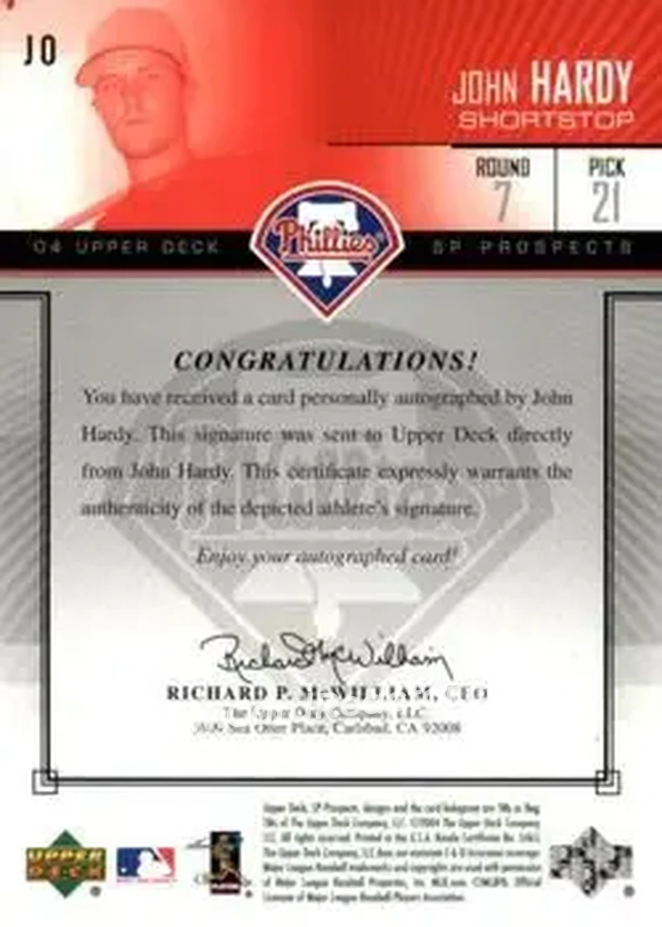 2004 SP Prospects - Autograph Bonus #JO - John Hardy - Philadelphia Phillies - Back