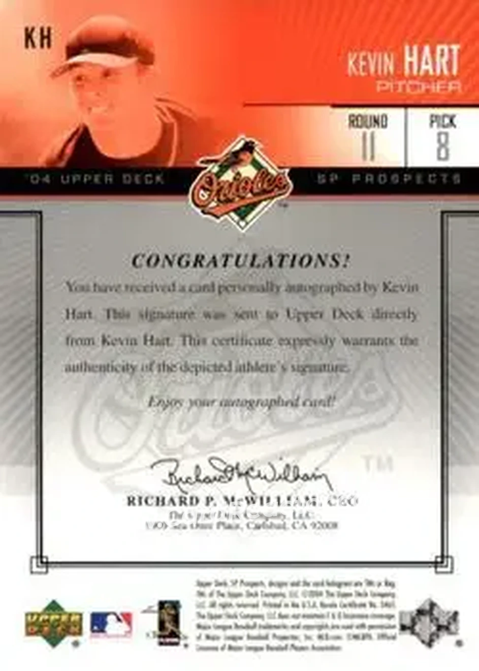 2004 SP Prospects - Autograph Bonus #KH - Kevin Hart - Baltimore Orioles - Back