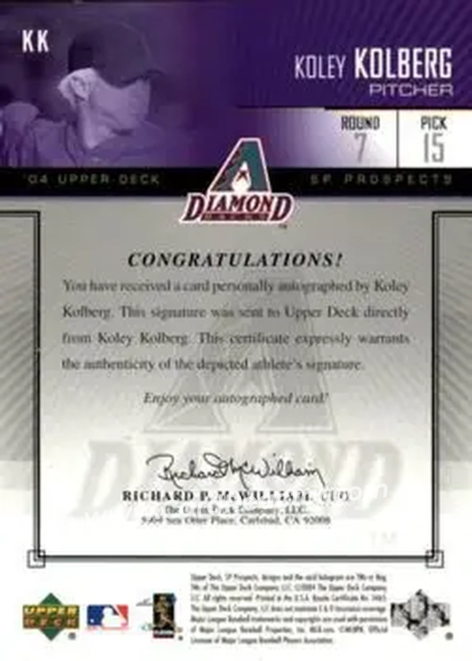 2004 SP Prospects - Autograph Bonus #KK - Koley Kolberg - Arizona Diamondbacks - Back