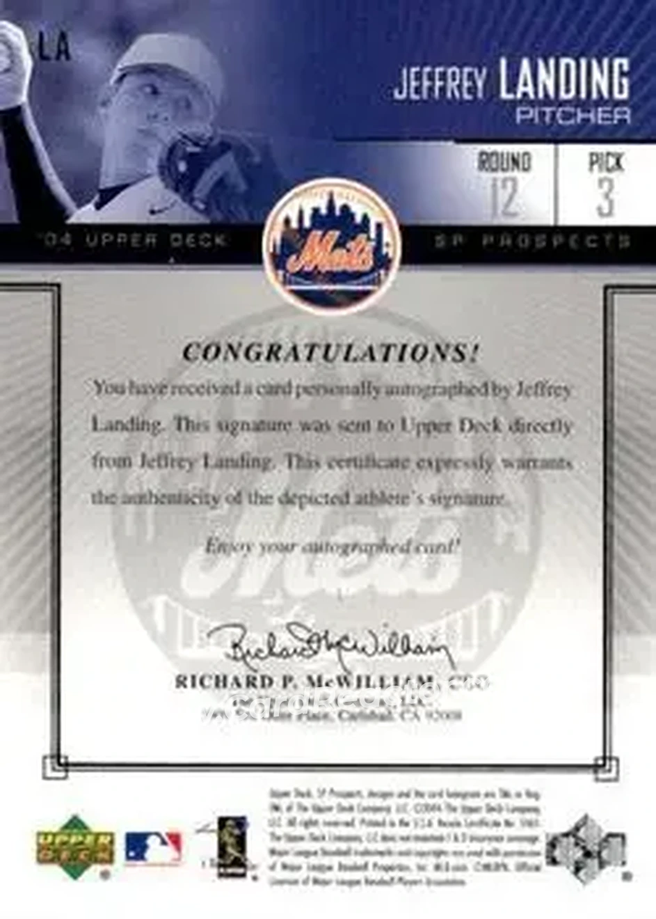 2004 SP Prospects - Autograph Bonus #LA - Jeffrey Landing - New York Mets - Back