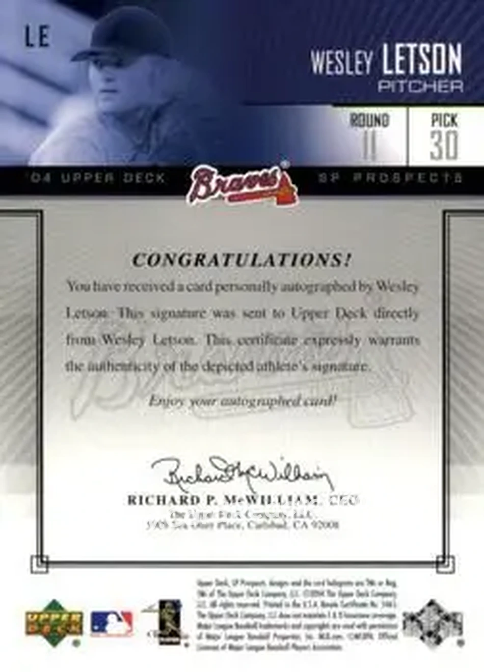 2004 SP Prospects - Autograph Bonus #LE - Wesley Letson - Atlanta Braves - Back