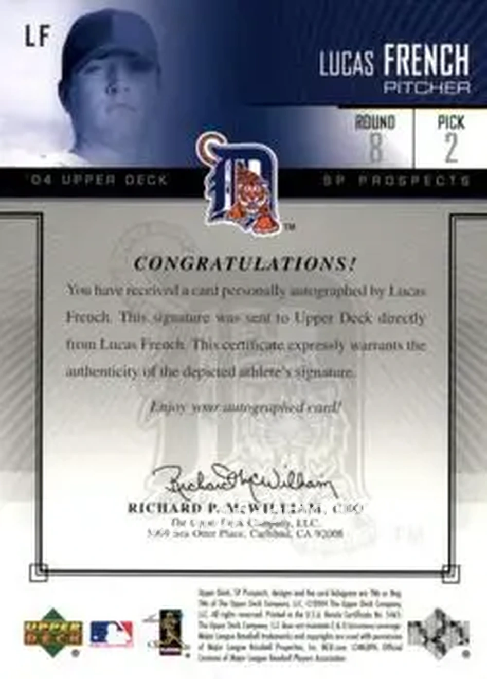 2004 SP Prospects - Autograph Bonus #LF - Luke French - Detroit Tigers - Back