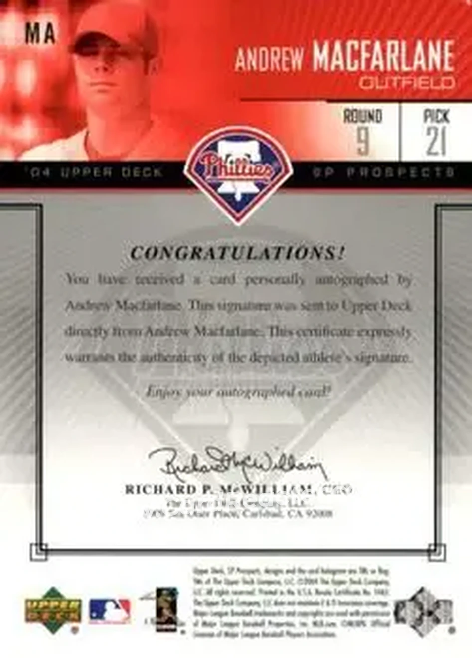 2004 SP Prospects - Autograph Bonus #MA - Andrew MacFarlane - Philadelphia Phillies - Back