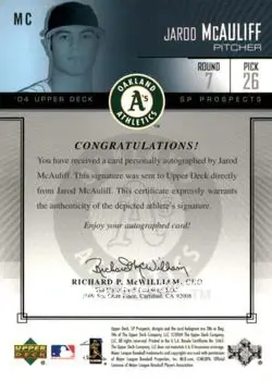 2004 SP Prospects - Autograph Bonus #MC - Jarod McAuliff - Oakland Athletics - Back
