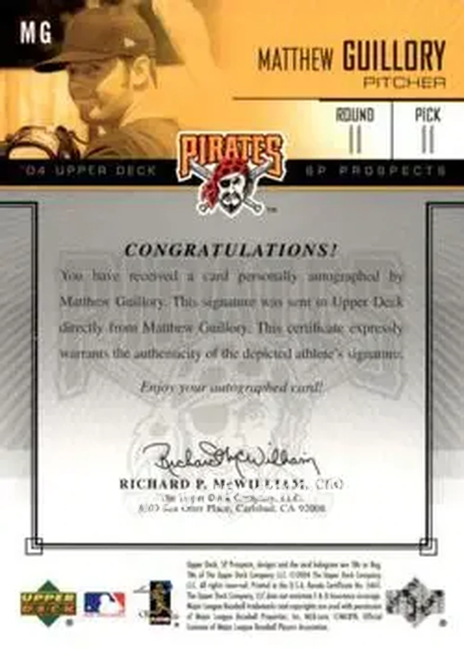 2004 SP Prospects - Autograph Bonus #MG - Matthew Guillory - Pittsburgh Pirates - Back
