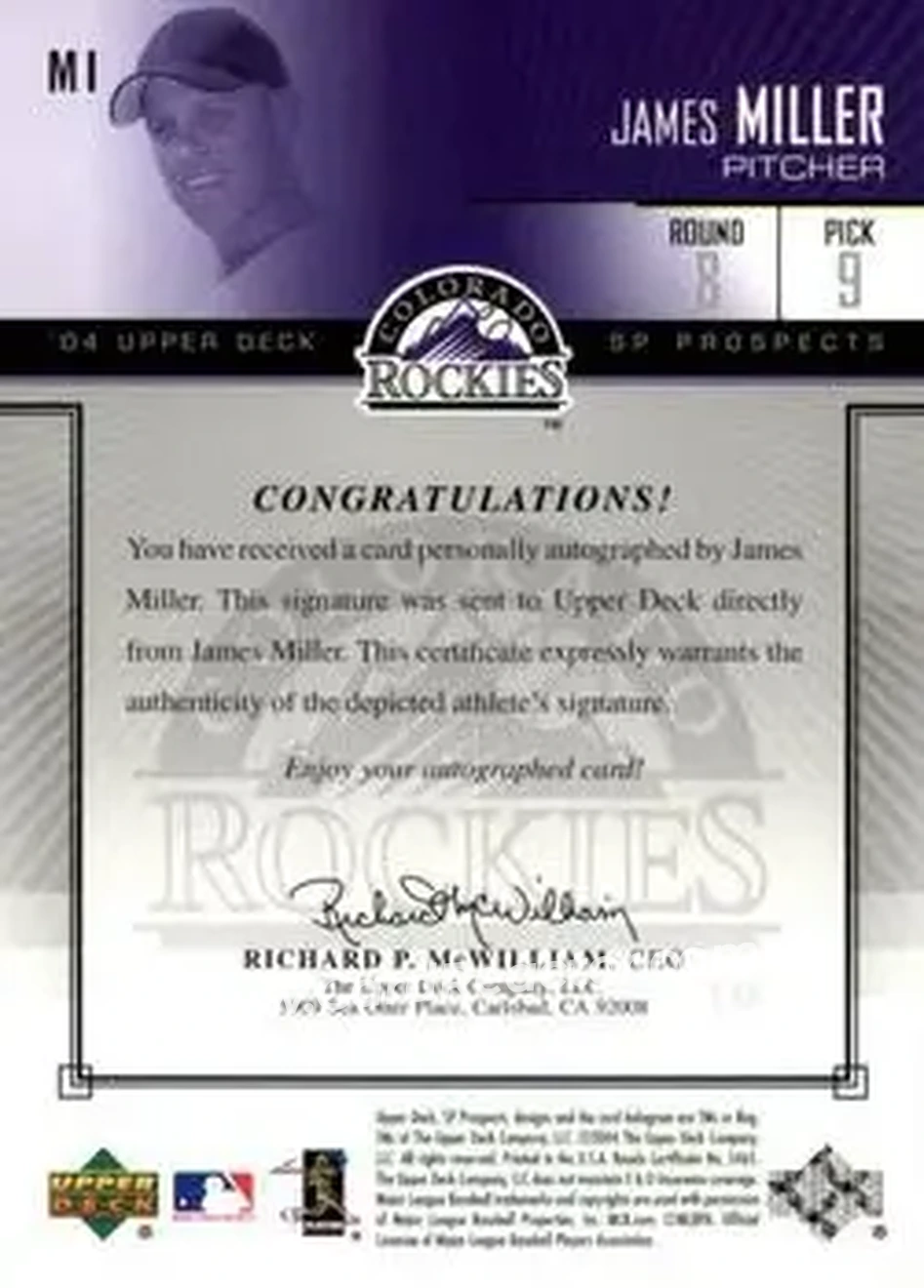 2004 SP Prospects - Autograph Bonus #MI - James Miller - Colorado Rockies - Back