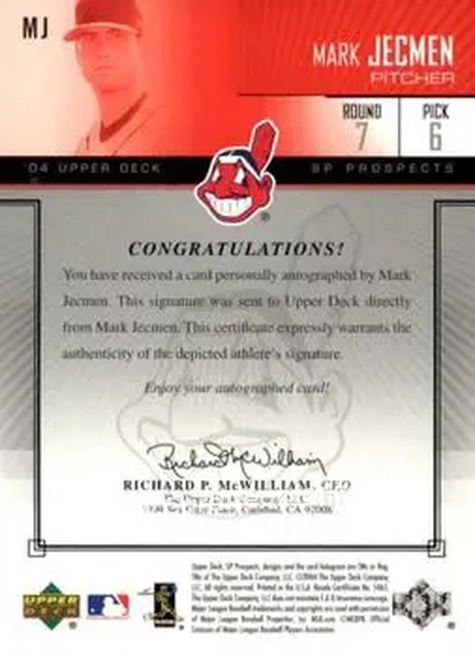 2004 SP Prospects - Autograph Bonus #MJ - Mark Jecmen - Cleveland Indians - Back