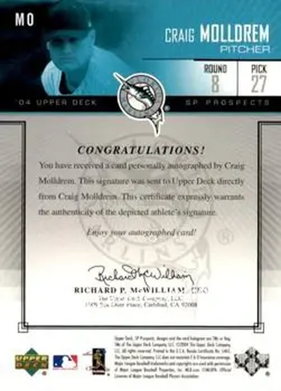 2004 SP Prospects - Autograph Bonus #MO - Craig Molldrem - Florida Marlins - Back 2004 SP Prospects - Autograph Bonus #MO - Craig Molldrem - Florida Marlins - Back