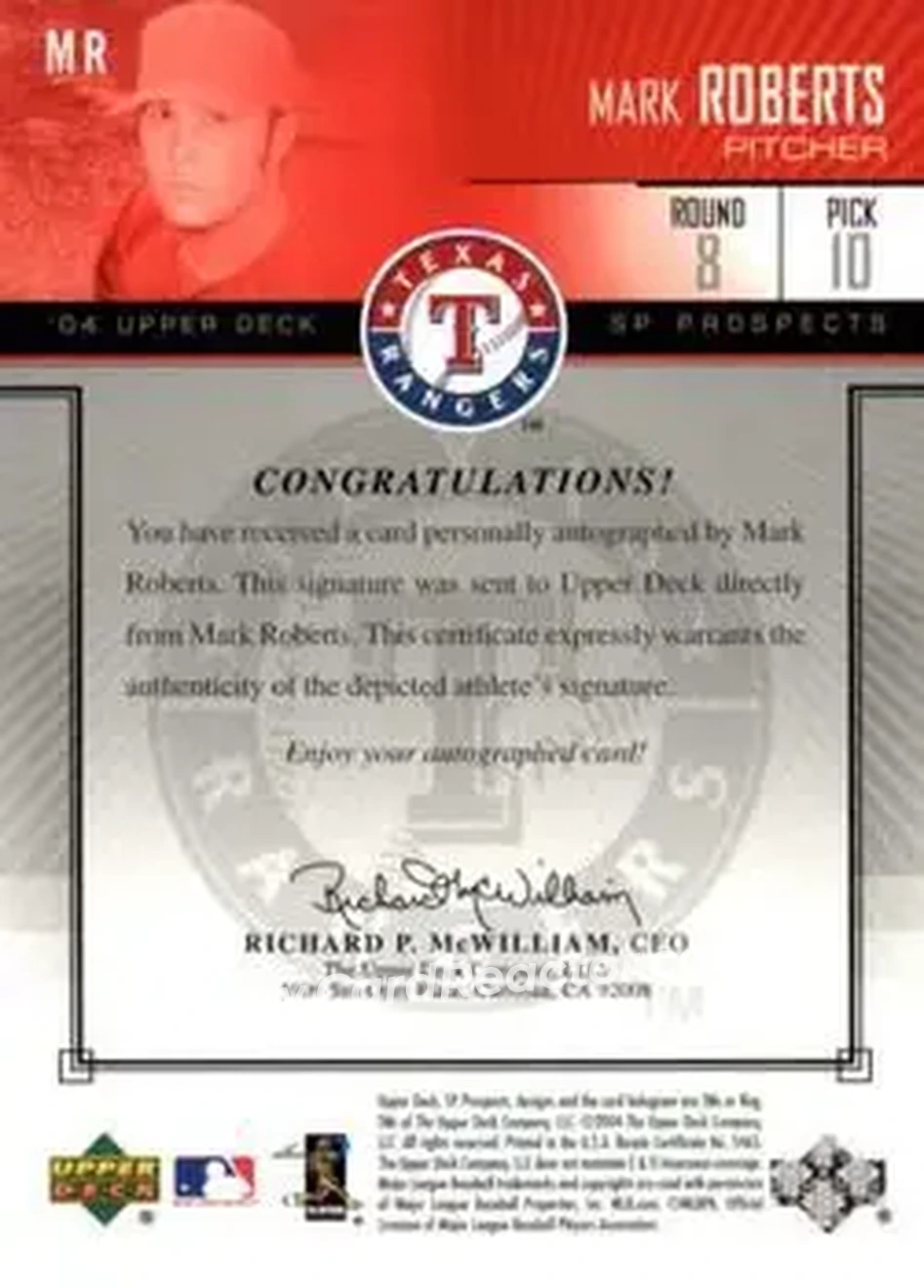 2004 SP Prospects - Autograph Bonus #MR - Mark Roberts - Texas Rangers - Back