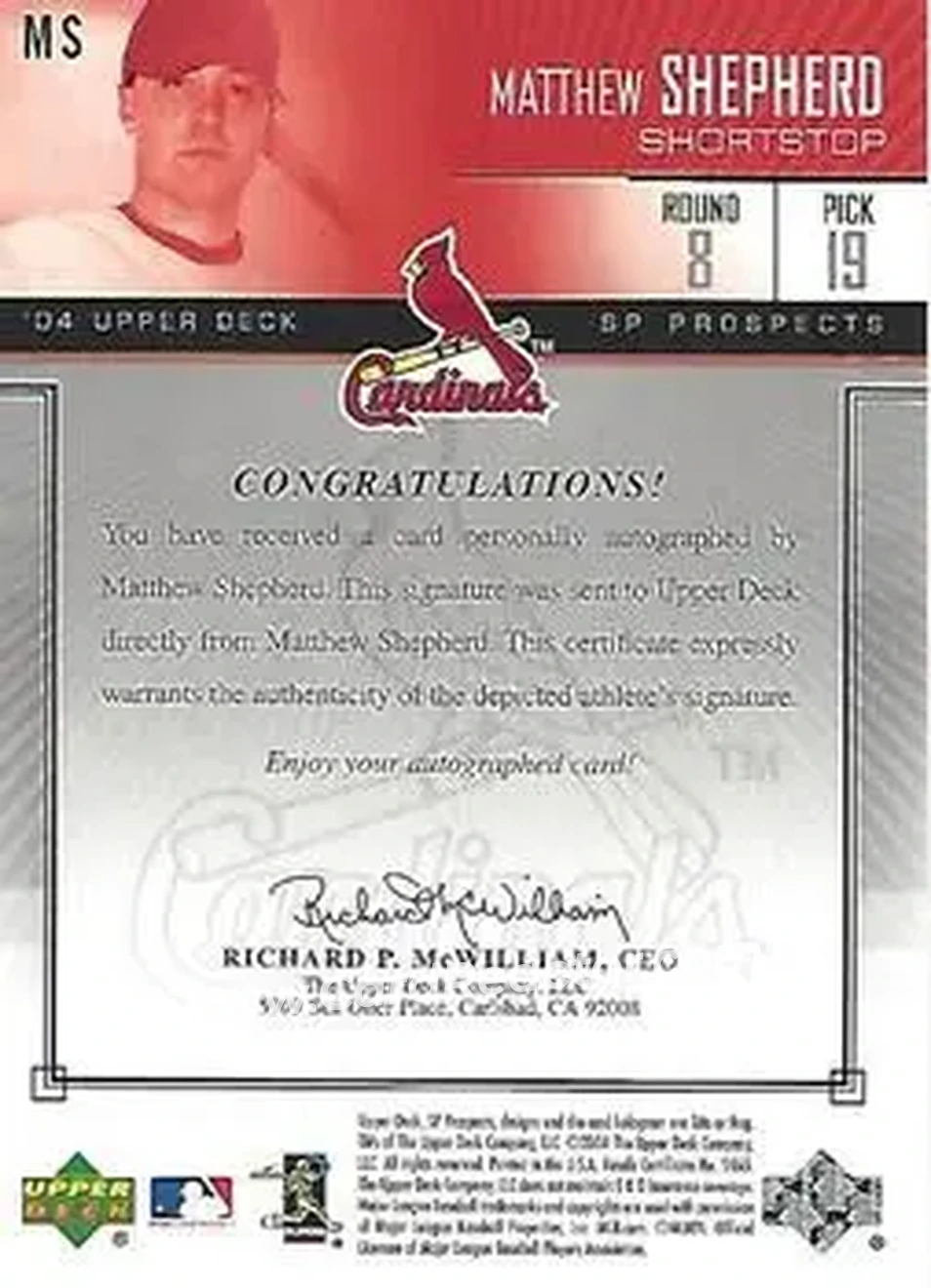 2004 SP Prospects - Autograph Bonus #MS - Matthew Shepherd - St. Louis Cardinals - Back