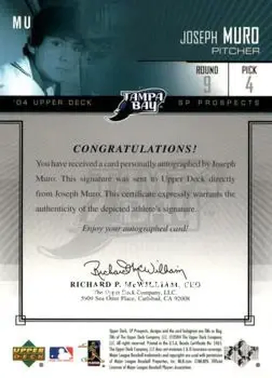 2004 SP Prospects - Autograph Bonus #MU - Joseph Muro - Tampa Bay Devil Rays - Back