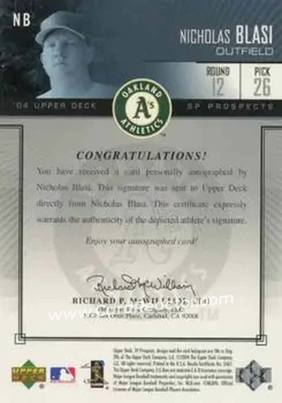 2004 SP Prospects - Autograph Bonus #NB - Nicholas Blasi - Oakland Athletics - Back