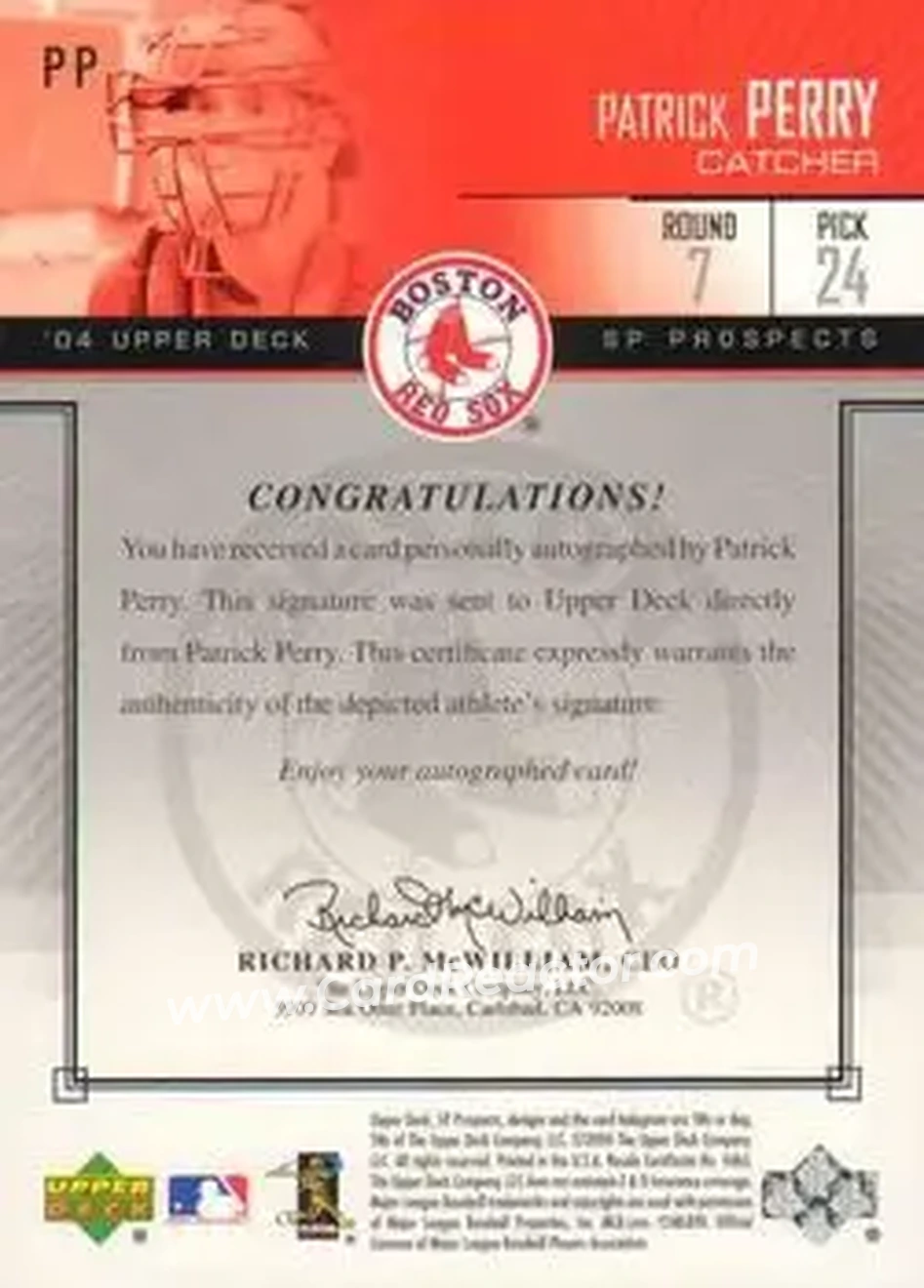 2004 SP Prospects - Autograph Bonus #PP - Patrick Perry - Boston Red Sox - Back