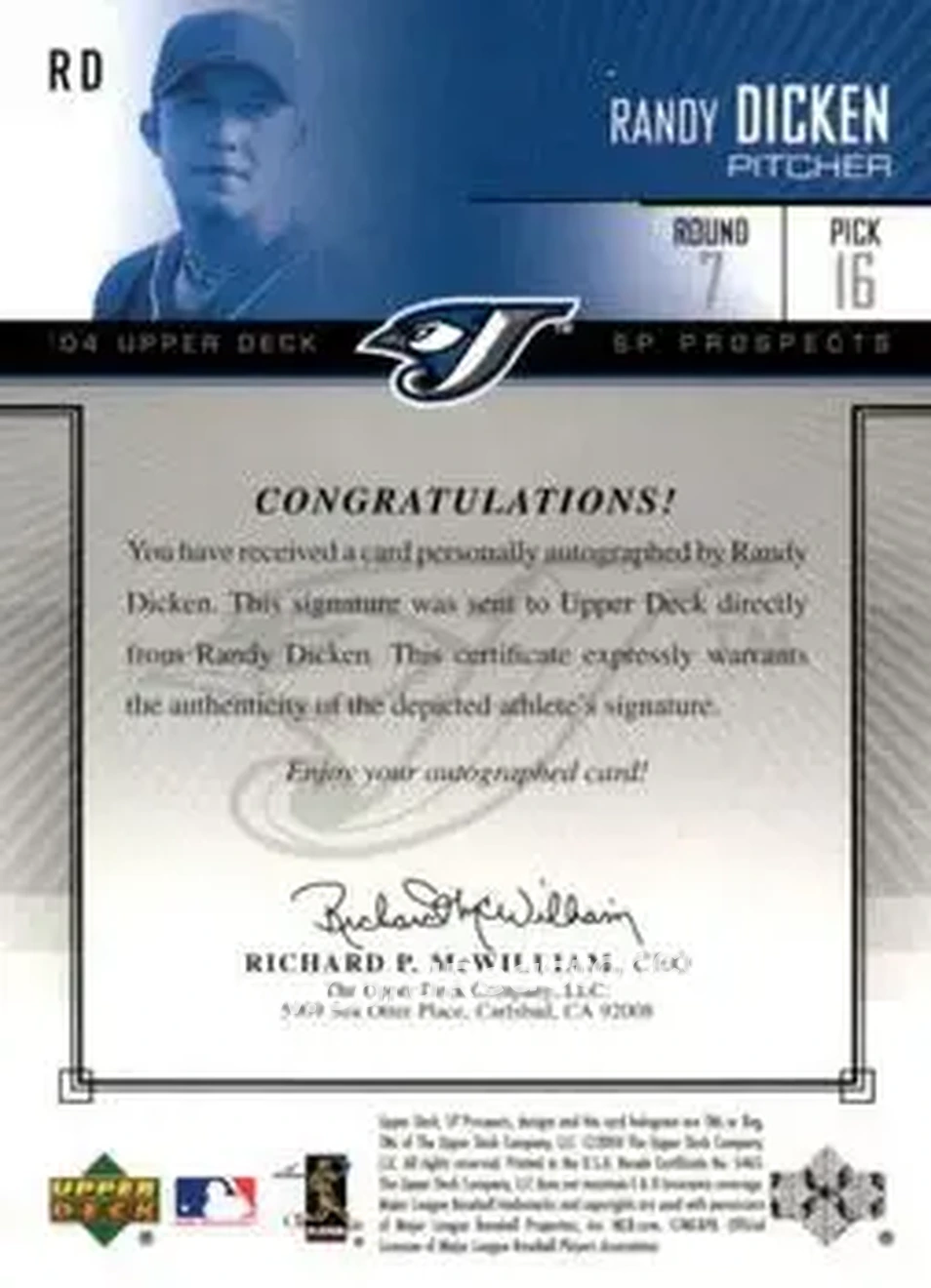 2004 SP Prospects - Autograph Bonus #RD - Randy Dicken - Toronto Blue Jays - Back