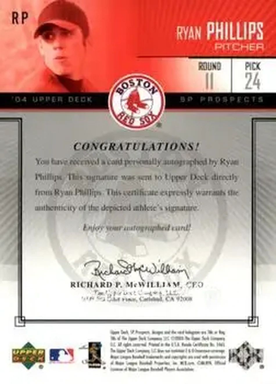 2004 SP Prospects - Autograph Bonus #RP - Ryan Phillips - Boston Red Sox - Back 2004 SP Prospects - Autograph Bonus #RP - Ryan Phillips - Boston Red Sox - Back