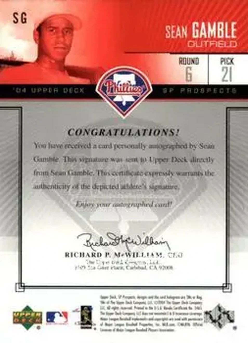 2004 SP Prospects - Autograph Bonus #SG - Sean Gamble - Philadelphia Phillies - Back