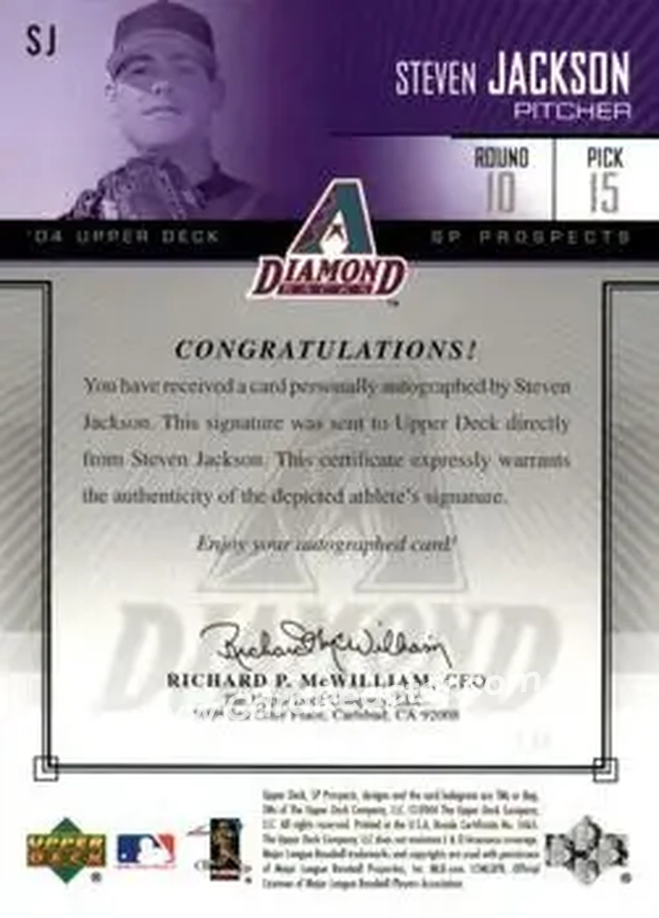 2004 SP Prospects - Autograph Bonus #SJ - Steven Jackson - Arizona Diamondbacks - Back