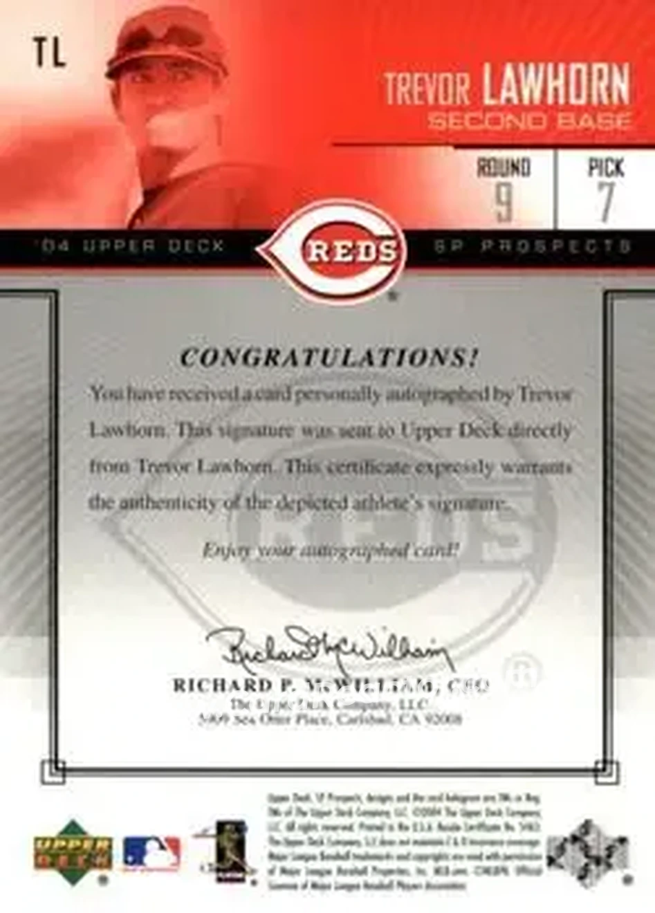 2004 SP Prospects - Autograph Bonus #TL - Trevor Lawhorn - Cincinnati Reds - Back