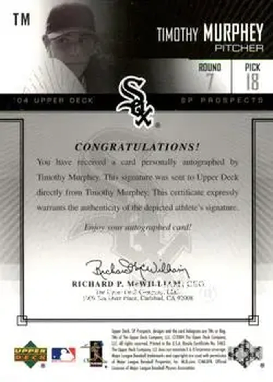 2004 SP Prospects - Autograph Bonus #TM - Timothy Murphey - Chicago White Sox - Back