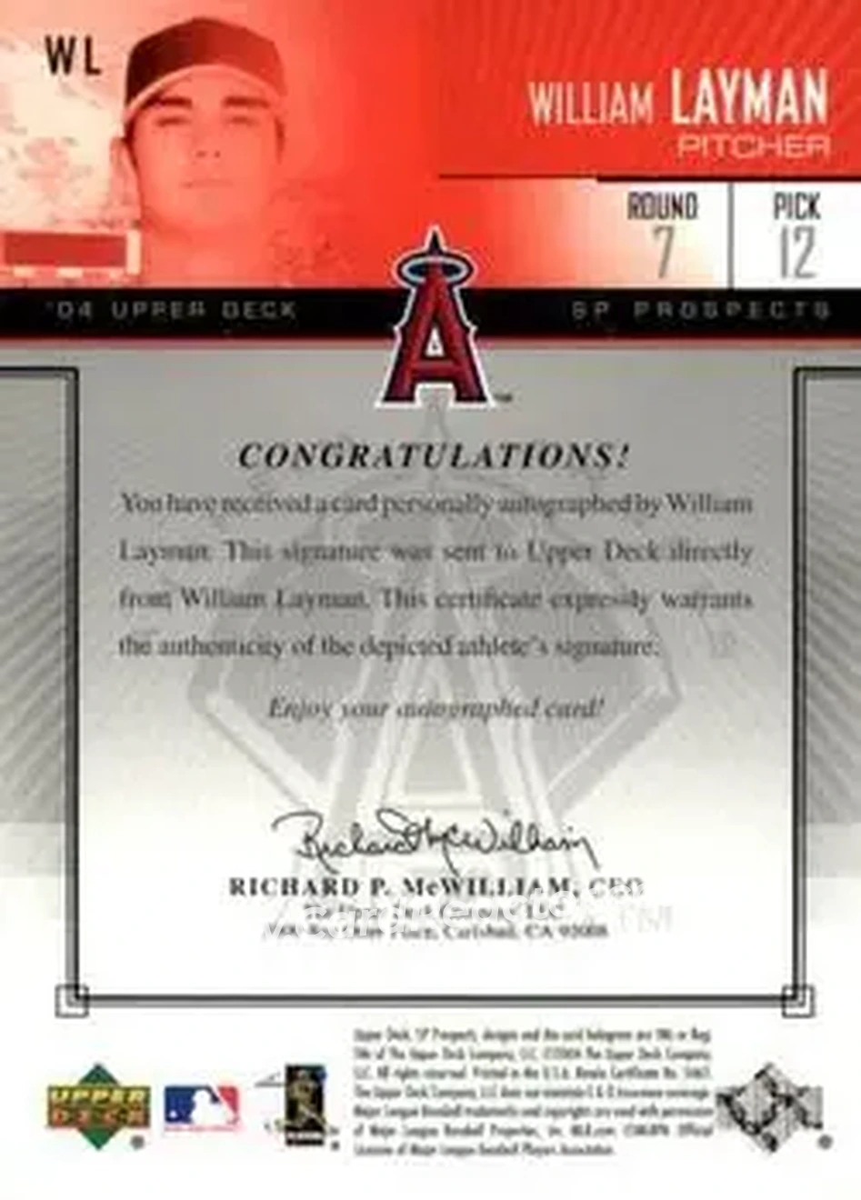 2004 SP Prospects - Autograph Bonus #WL - William Layman - Anaheim Angels - Back