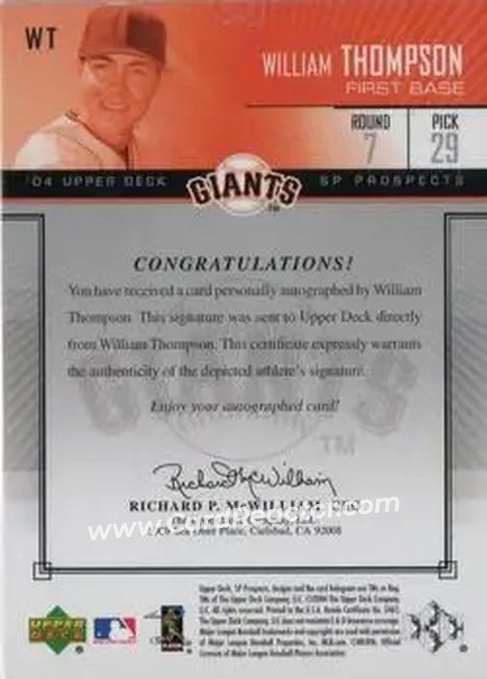 2004 SP Prospects - Autograph Bonus #WT - William Thompson - San Francisco Giants - Back