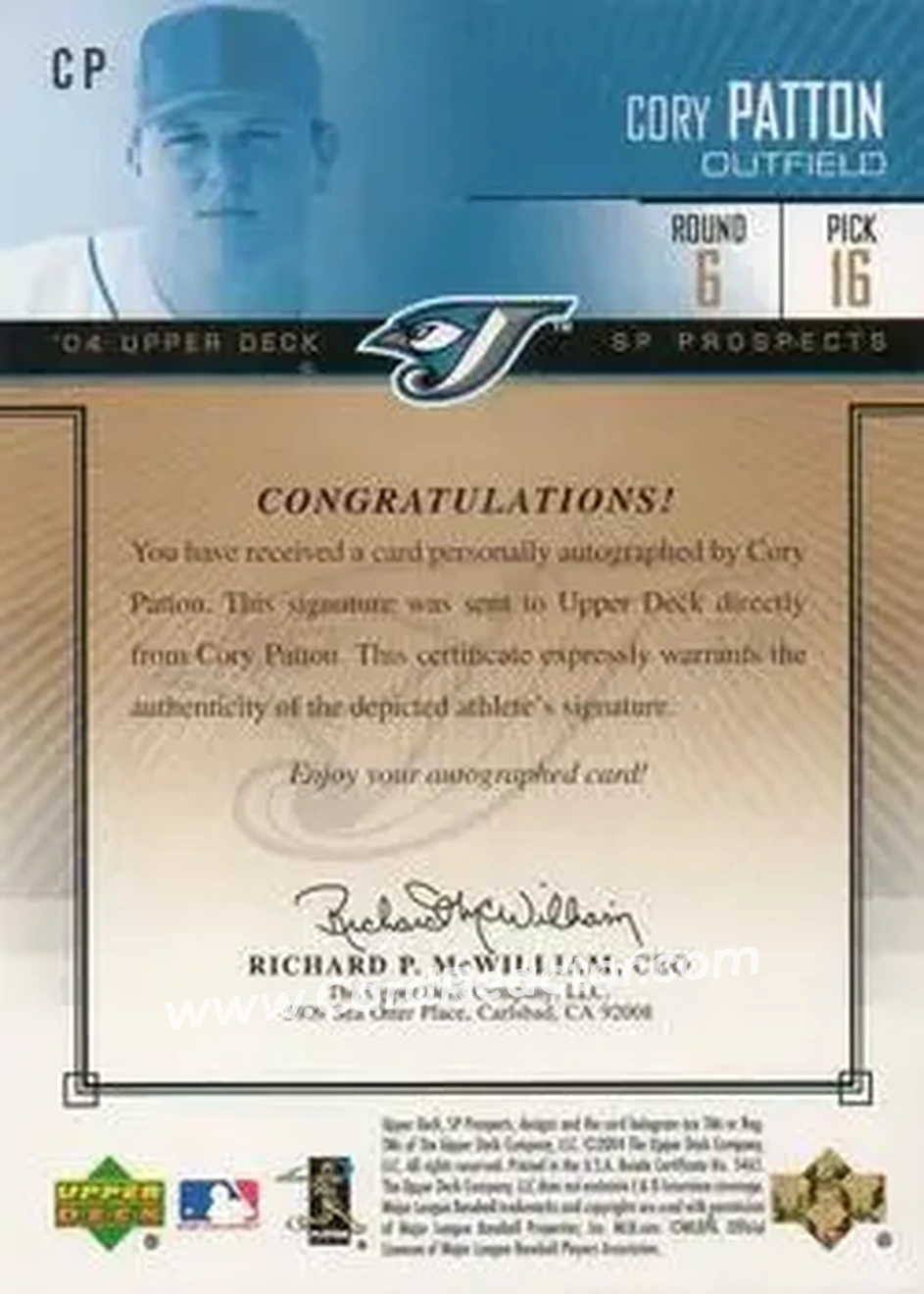 2004 SP Prospects - Autograph Bonus Gold #CP - Cory Patton - Toronto Blue Jays - Back