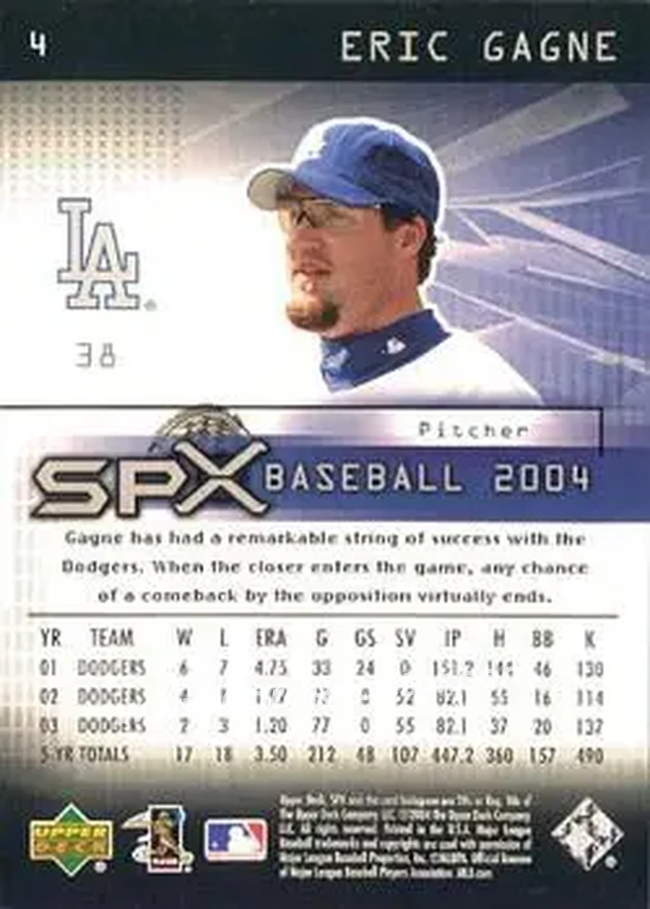2004 SPx #4 - Eric Gagne - Los Angeles Dodgers - Back 2004 SPx #4 - Eric Gagne - Los Angeles Dodgers - Back