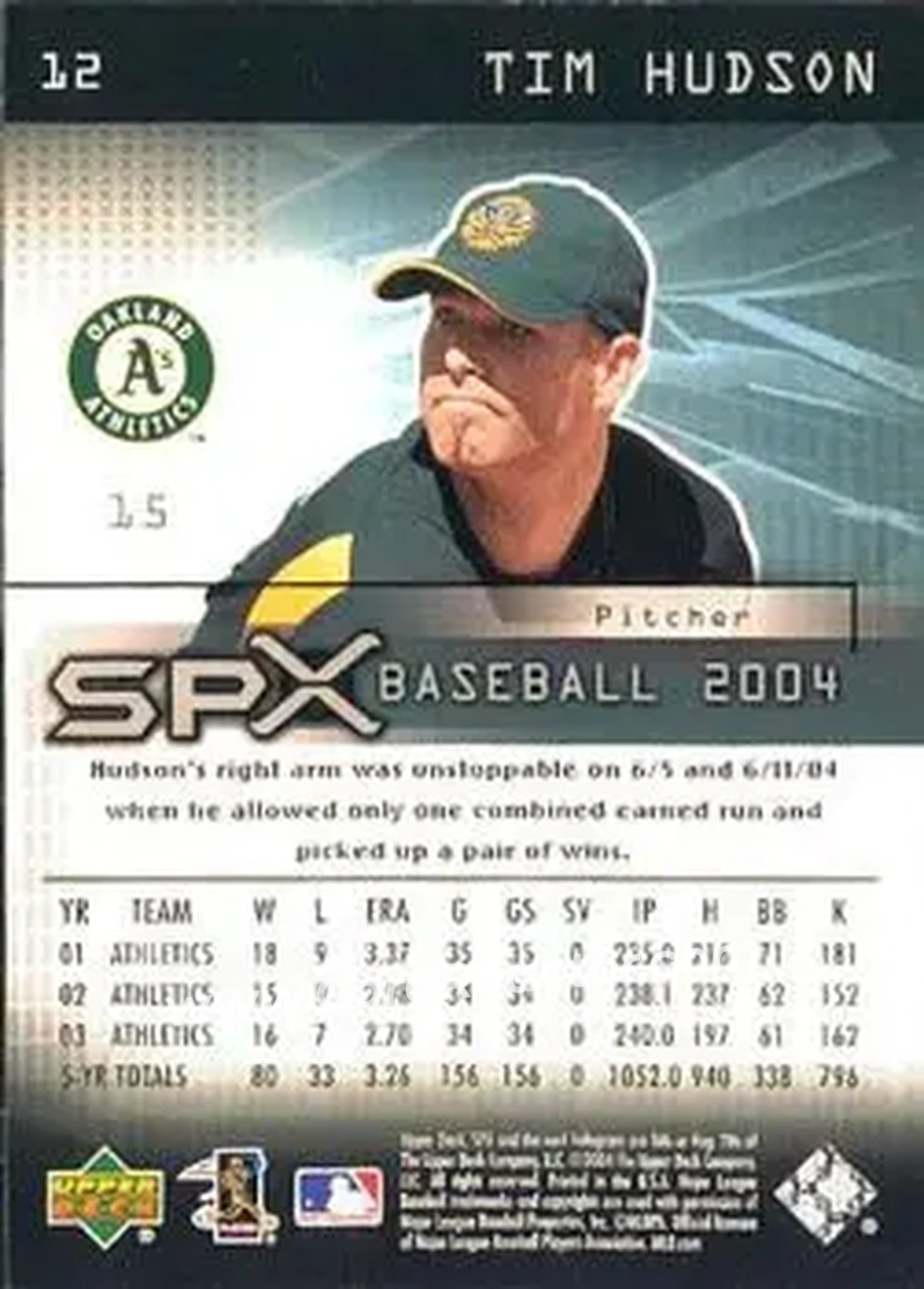 2004 SPx #12 - Tim Hudson - Oakland Athletics - Back 2004 SPx #12 - Tim Hudson - Oakland Athletics - Back