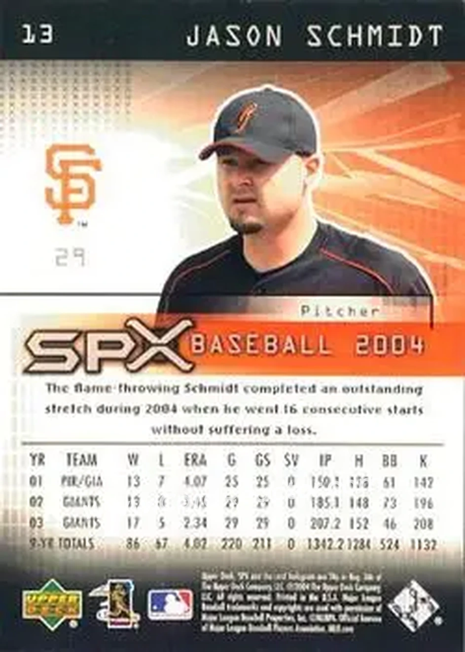 2004 SPx #13 - Jason Schmidt - San Francisco Giants - Back