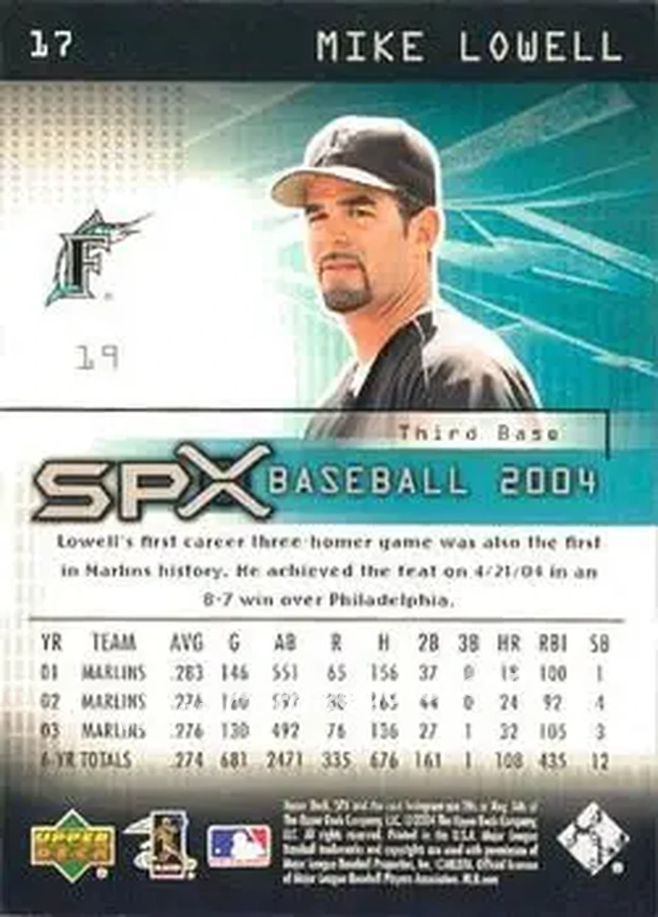 2004 SPx #17 - Mike Lowell - Florida Marlins - Back 2004 SPx #17 - Mike Lowell - Florida Marlins - Back