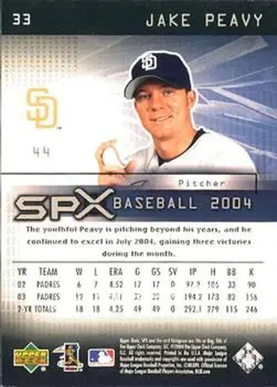 2004 SPx #33 - Jake Peavy - San Diego Padres - Back 2004 SPx #33 - Jake Peavy - San Diego Padres - Back