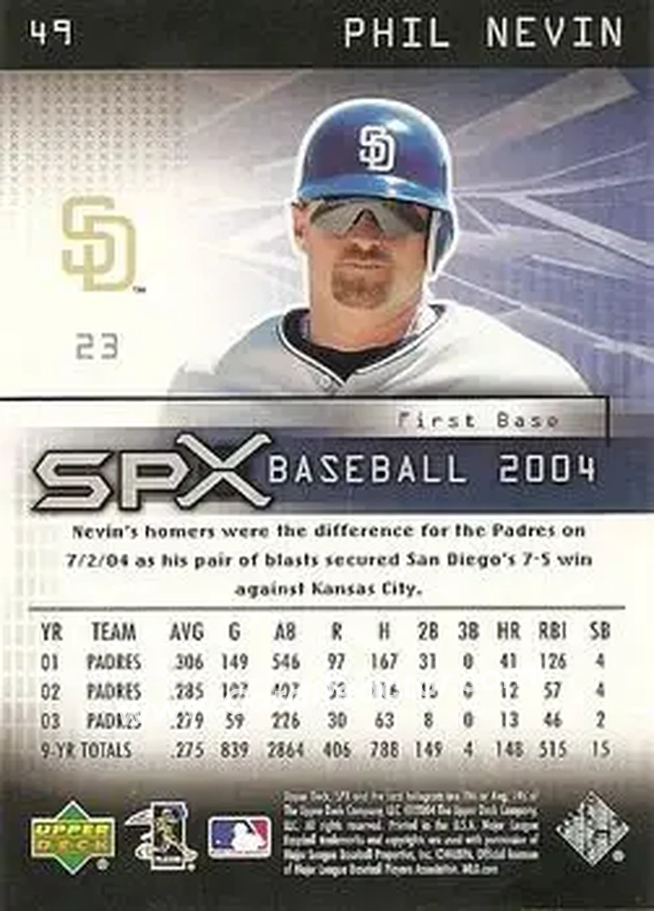 2004 SPx #49 - Phil Nevin - San Diego Padres - Back 2004 SPx #49 - Phil Nevin - San Diego Padres - Back