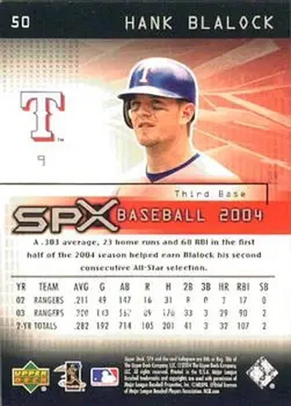 2004 SPx #50 - Hank Blalock - Texas Rangers - Back 2004 SPx #50 - Hank Blalock - Texas Rangers - Back