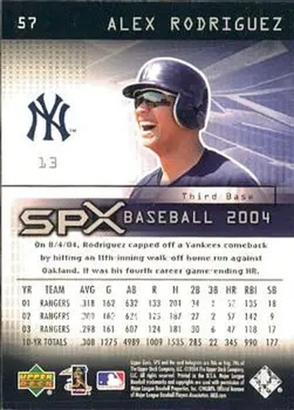 2004 SPx #57 - Alex Rodriguez - New York Yankees - Back 2004 SPx #57 - Alex Rodriguez - New York Yankees - Back