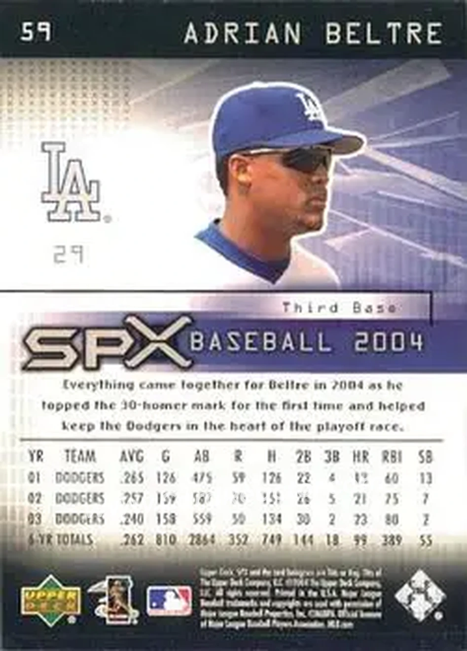 2004 SPx #59 - Adrian Beltré - Los Angeles Dodgers - Back 2004 SPx #59 - Adrian Beltré - Los Angeles Dodgers - Back