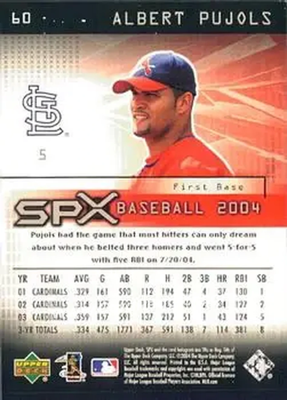 2004 SPx #60 - Albert Pujols - St. Louis Cardinals - Back 2004 SPx #60 - Albert Pujols - St. Louis Cardinals - Back