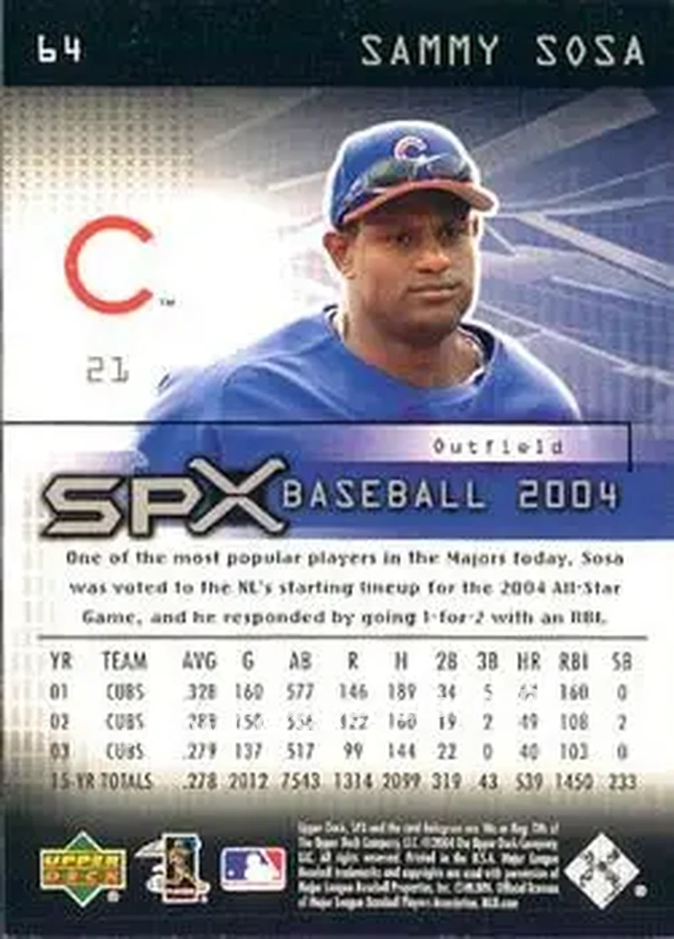 2004 SPx #64 - Sammy Sosa - Chicago Cubs - Back