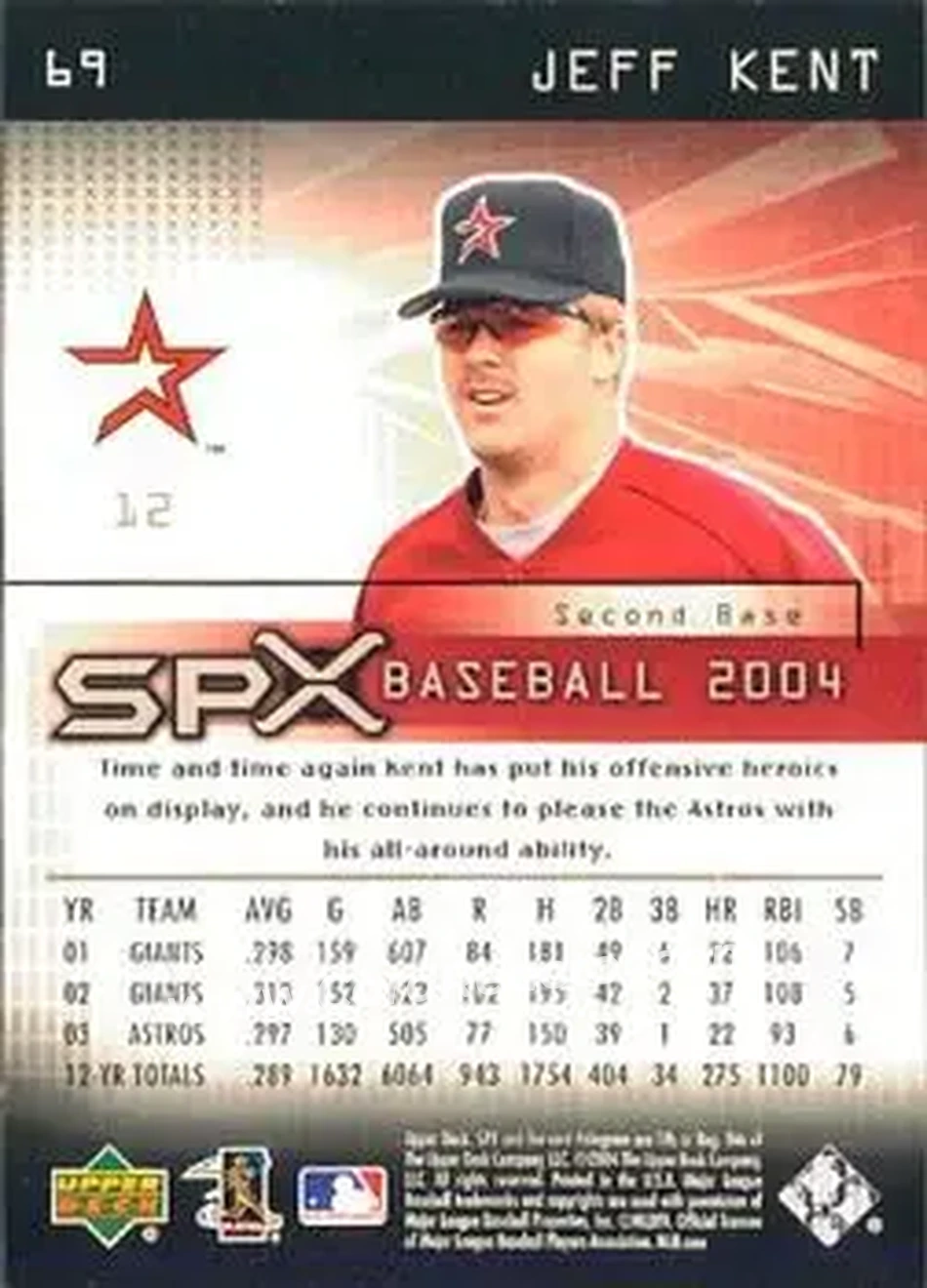 2004 SPx #69 - Jeff Kent - Houston Astros - Back 2004 SPx #69 - Jeff Kent - Houston Astros - Back