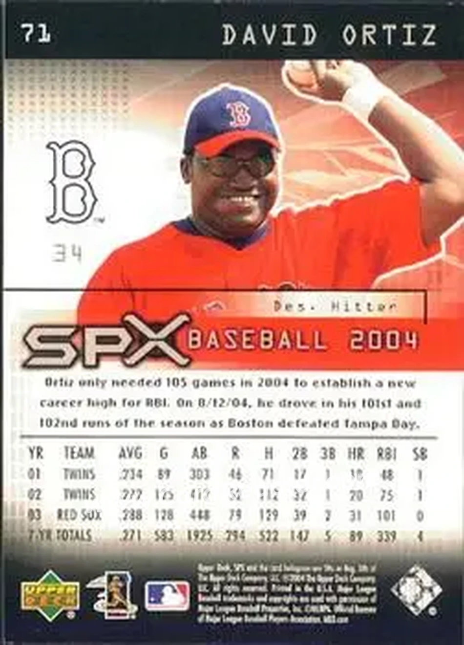 2004 SPx #71 - David Ortiz - Boston Red Sox - Back 2004 SPx #71 - David Ortiz - Boston Red Sox - Back