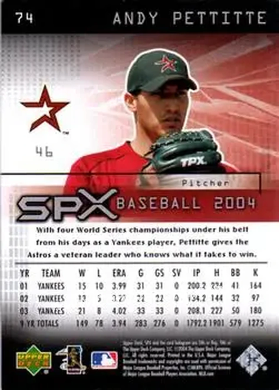 2004 SPx #74 - Andy Pettitte - Houston Astros - Back