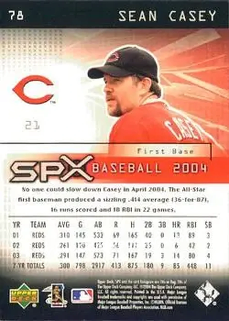 2004 SPx #78 - Sean Casey - Cincinnati Reds - Back 2004 SPx #78 - Sean Casey - Cincinnati Reds - Back
