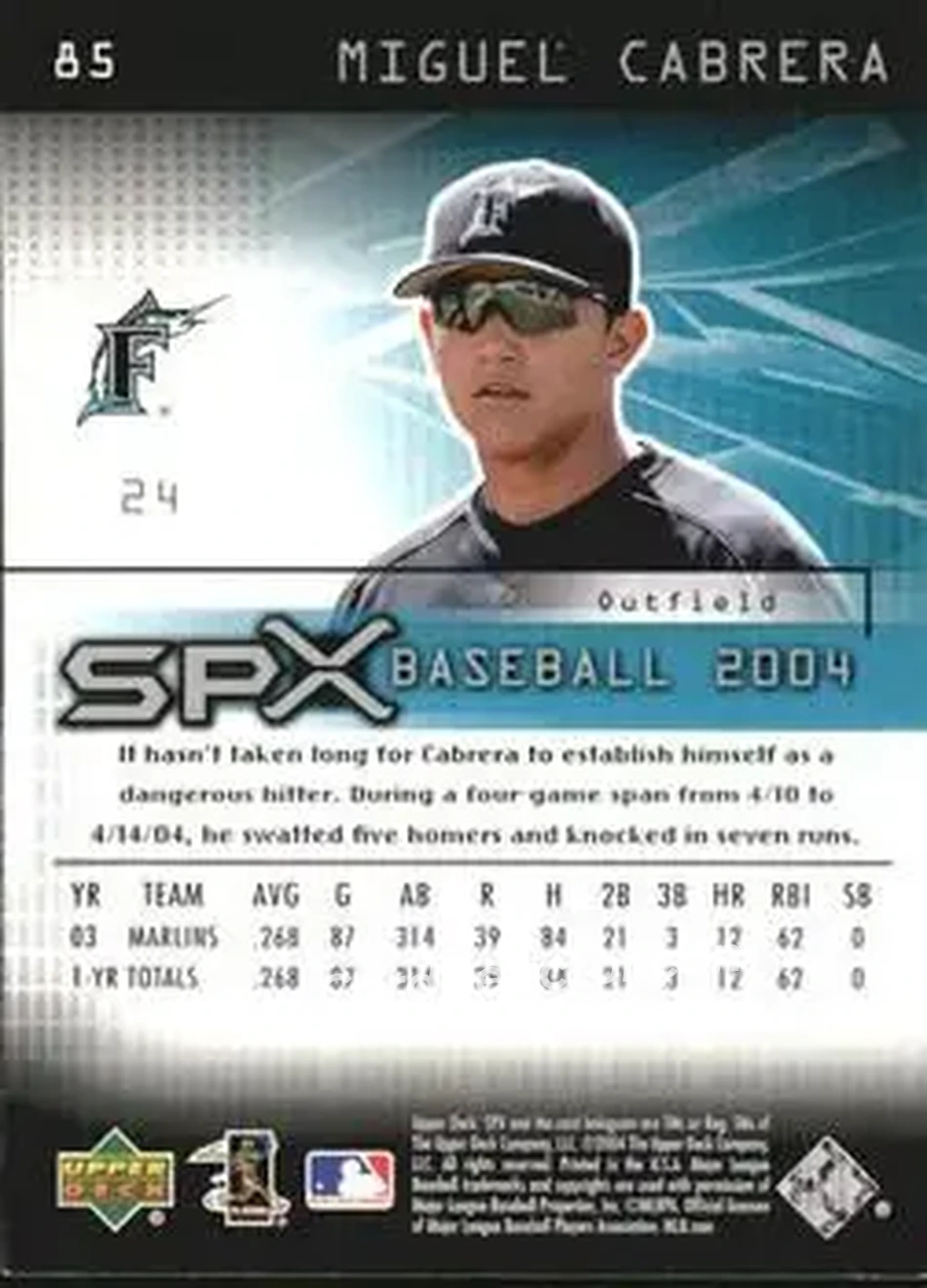 2004 SPx #85 - Miguel Cabrera - Florida Marlins - Back 2004 SPx #85 - Miguel Cabrera - Florida Marlins - Back