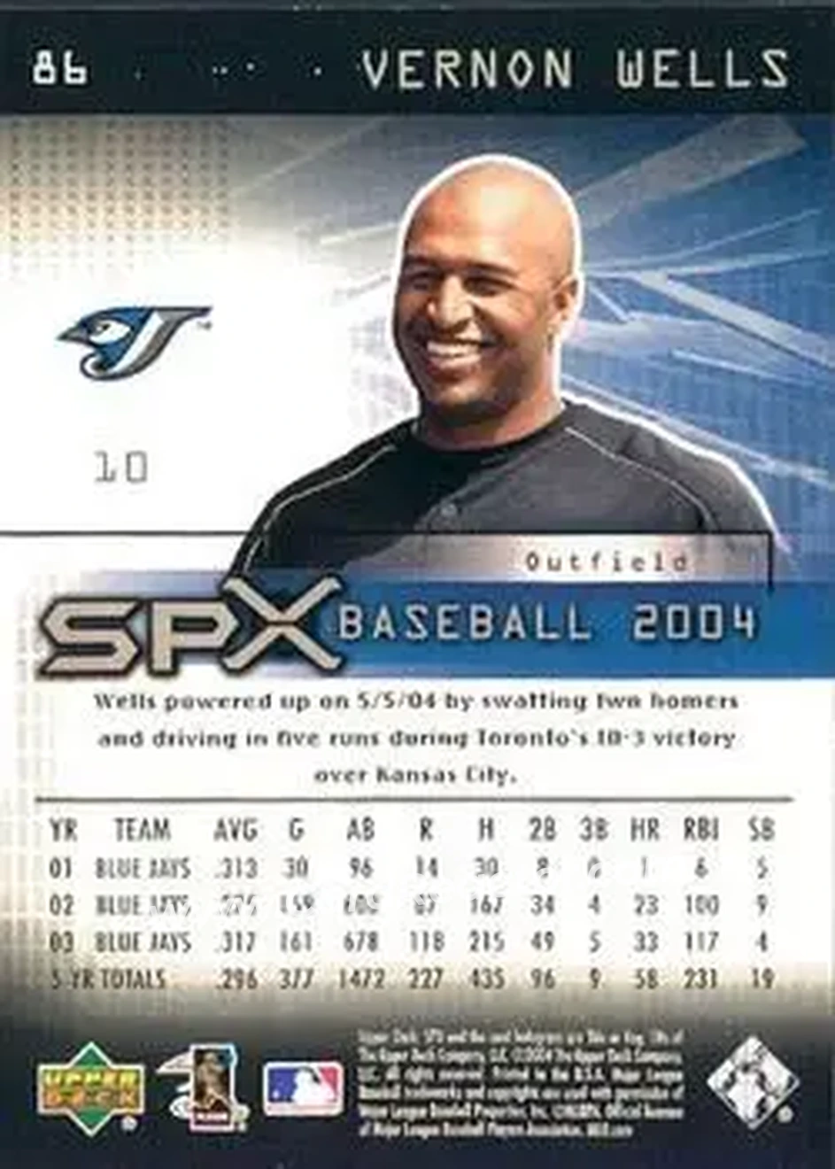 2004 SPx #86 - Vernon Wells - Toronto Blue Jays - Back 2004 SPx #86 - Vernon Wells - Toronto Blue Jays - Back