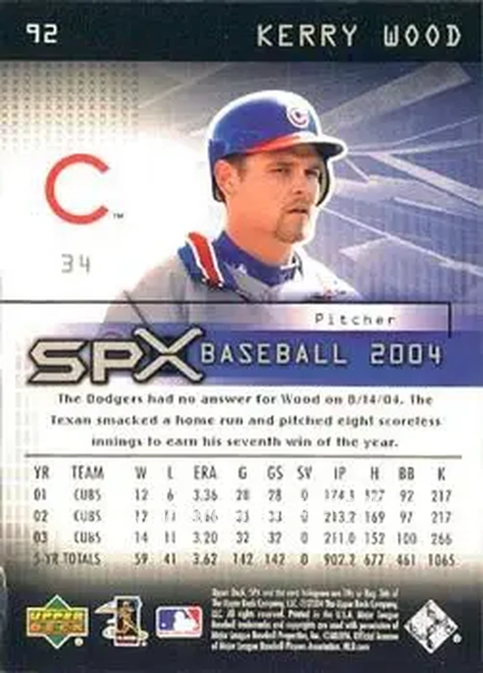 2004 SPx #92 - Kerry Wood - Chicago Cubs - Back